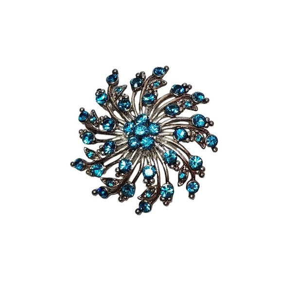 Vintage Turquoise Rhinestone Crystal Flower Swirl Blue Pin Brooch - Picture 3 of 16